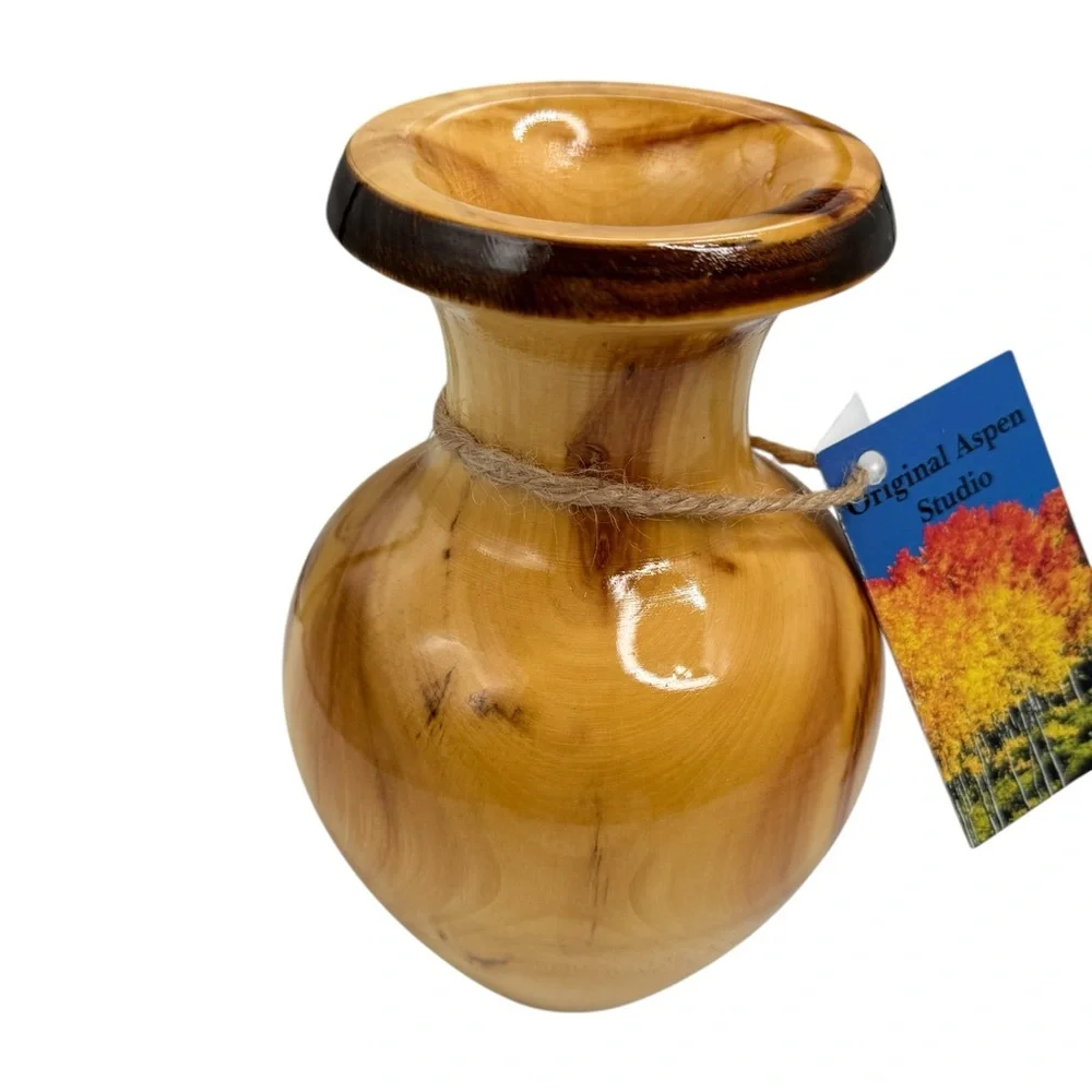 Original Aspen studios Colorado wood vase, hand crafted natural  bark inclusions